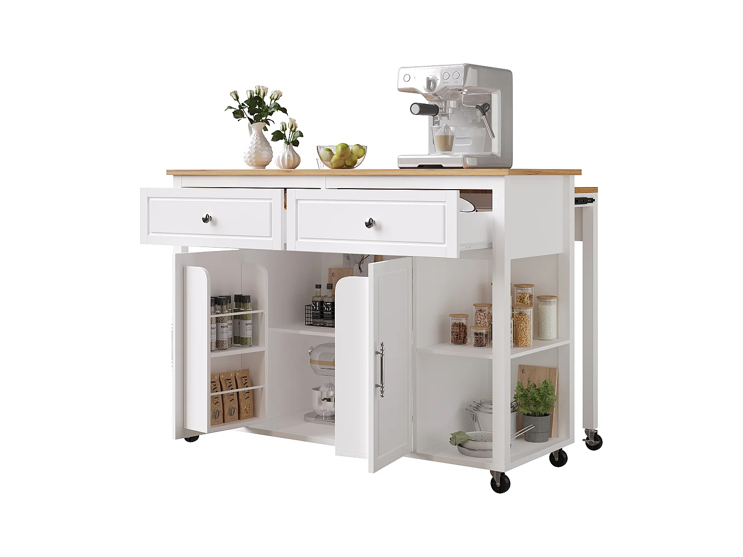 Ilot central de cuisine - avec roulettes - table à manger extensible - 2 portes et 2 tiroirs - étagères ouvertes - MDF - Blanc