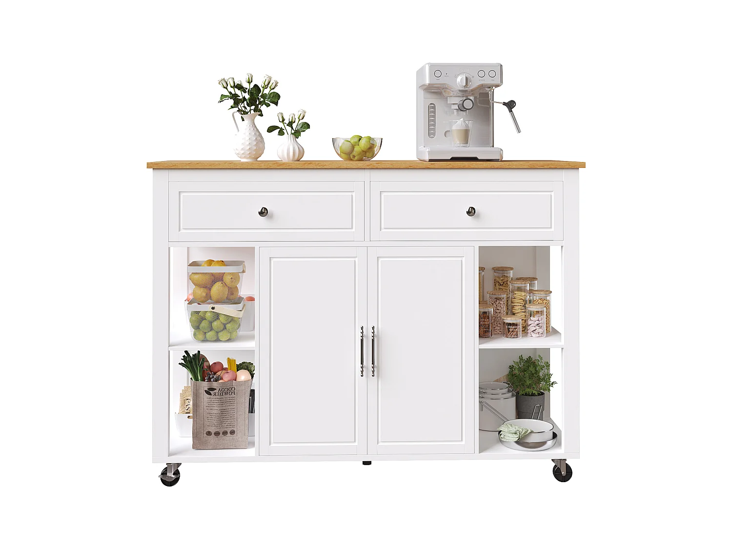 Ilot central de cuisine - avec roulettes - table à manger extensible - 2 portes et 2 tiroirs - étagères ouvertes - MDF - Blanc