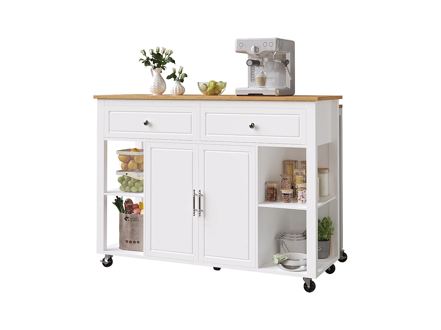 Ilot central de cuisine - avec roulettes - table à manger extensible - 2 portes et 2 tiroirs - étagères ouvertes - MDF - Blanc