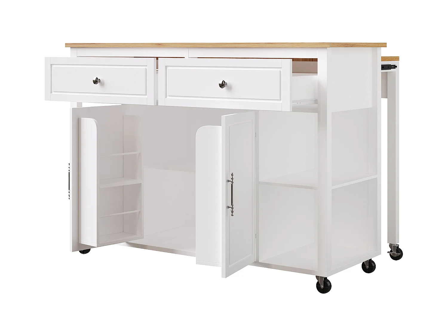 Ilot central de cuisine - avec roulettes - table à manger extensible - 2 portes et 2 tiroirs - étagères ouvertes - MDF - Blanc