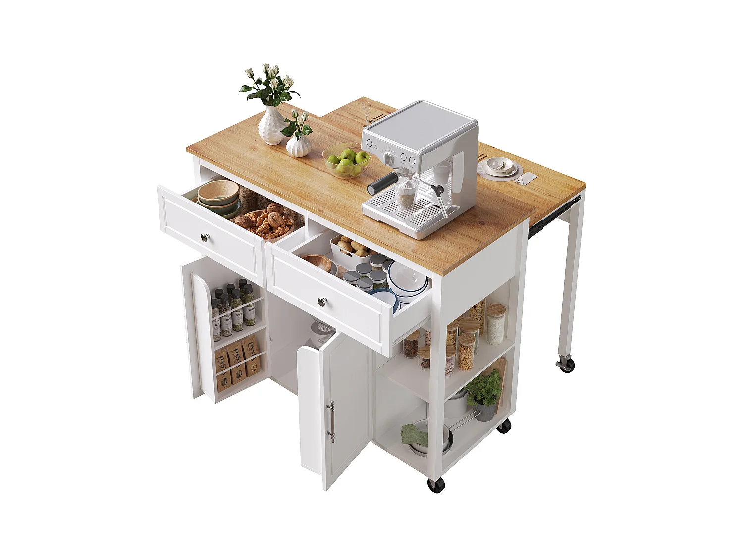 Ilot central de cuisine - avec roulettes - table à manger extensible - 2 portes et 2 tiroirs - étagères ouvertes - MDF - Blanc