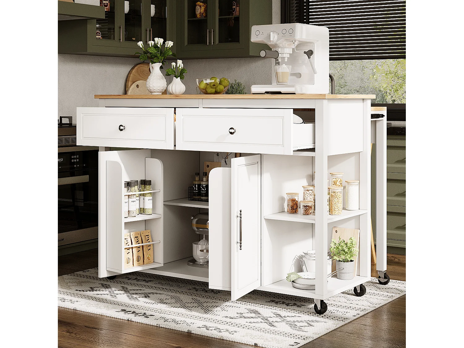 Ilot central de cuisine - avec roulettes - table à manger extensible - 2 portes et 2 tiroirs - étagères ouvertes - MDF - Blanc