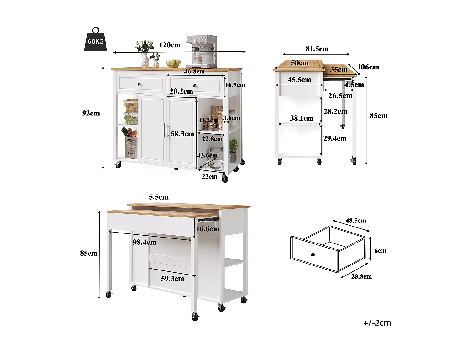 Ilot central de cuisine - avec roulettes - table à manger extensible - 2 portes et 2 tiroirs - étagères ouvertes - MDF - Blanc
