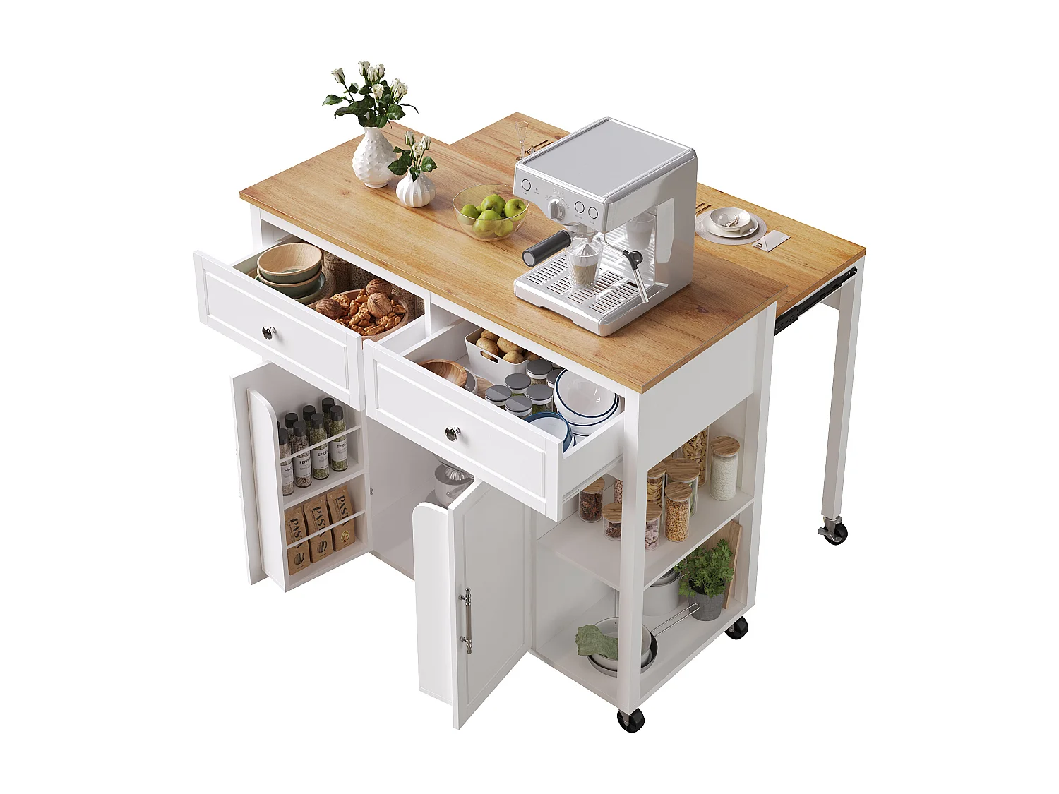 Ilot central de cuisine - avec roulettes - table à manger extensible - 2 portes et 2 tiroirs - étagères ouvertes - MDF - Blanc