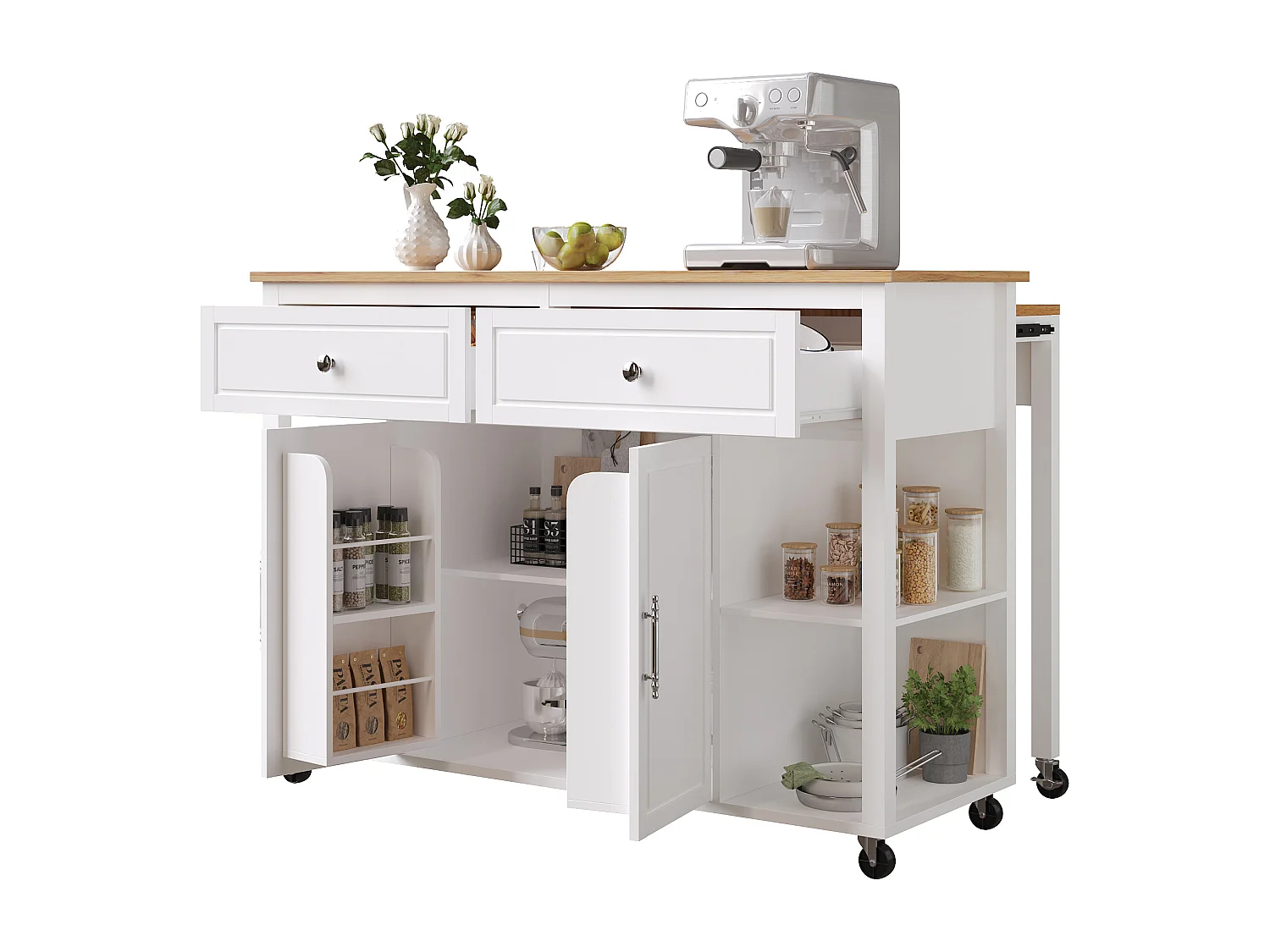 Ilot central de cuisine - avec roulettes - table à manger extensible - 2 portes et 2 tiroirs - étagères ouvertes - MDF - Blanc