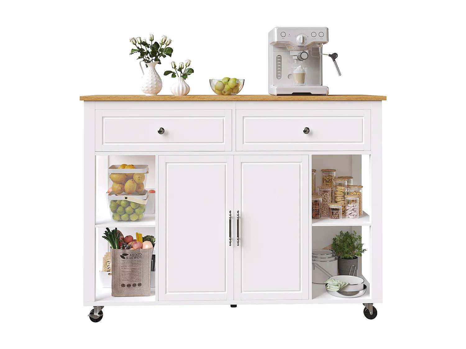 Ilot central de cuisine - avec roulettes - table à manger extensible - 2 portes et 2 tiroirs - étagères ouvertes - MDF - Blanc