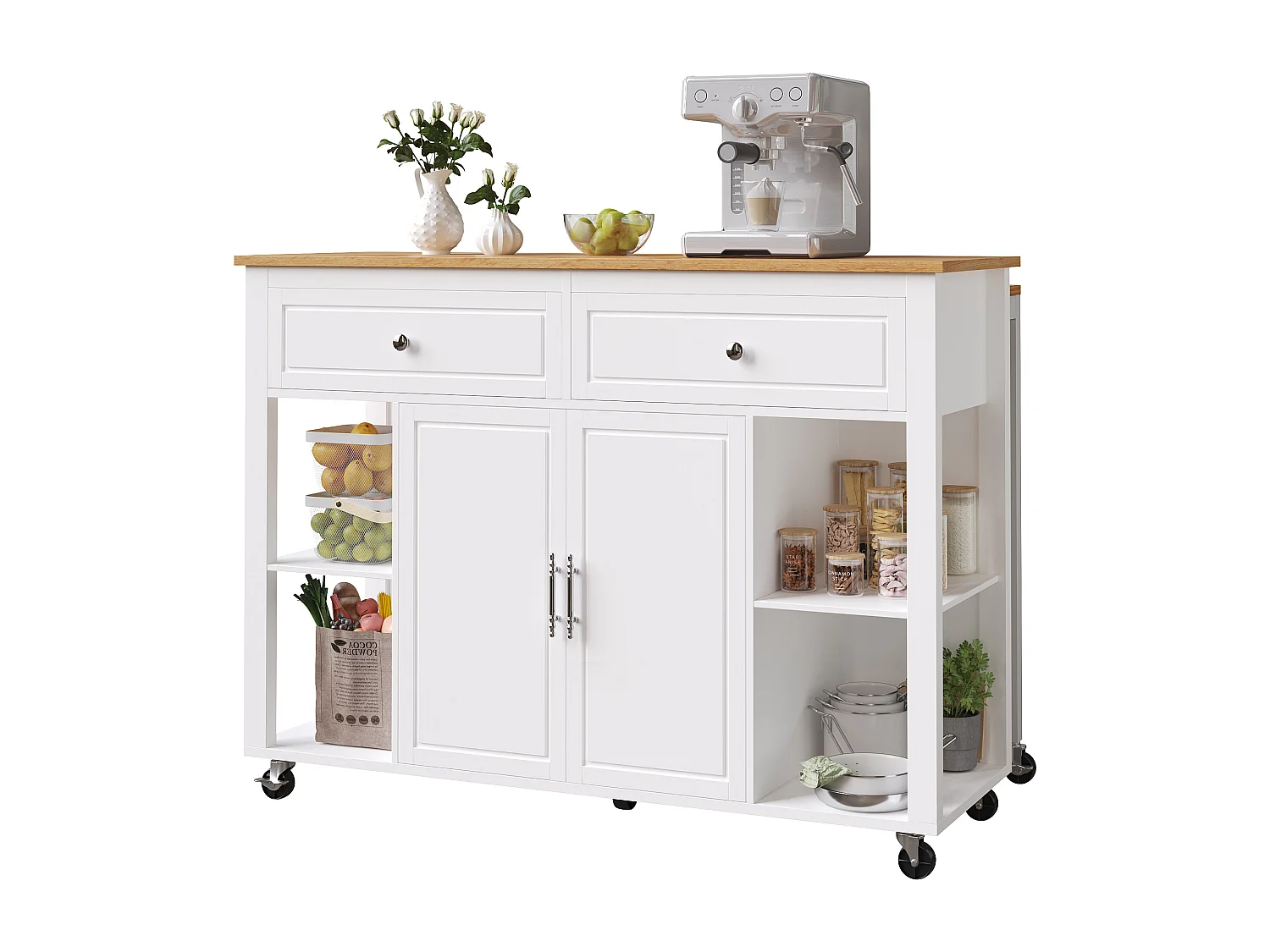 Ilot central de cuisine - avec roulettes - table à manger extensible - 2 portes et 2 tiroirs - étagères ouvertes - MDF - Blanc