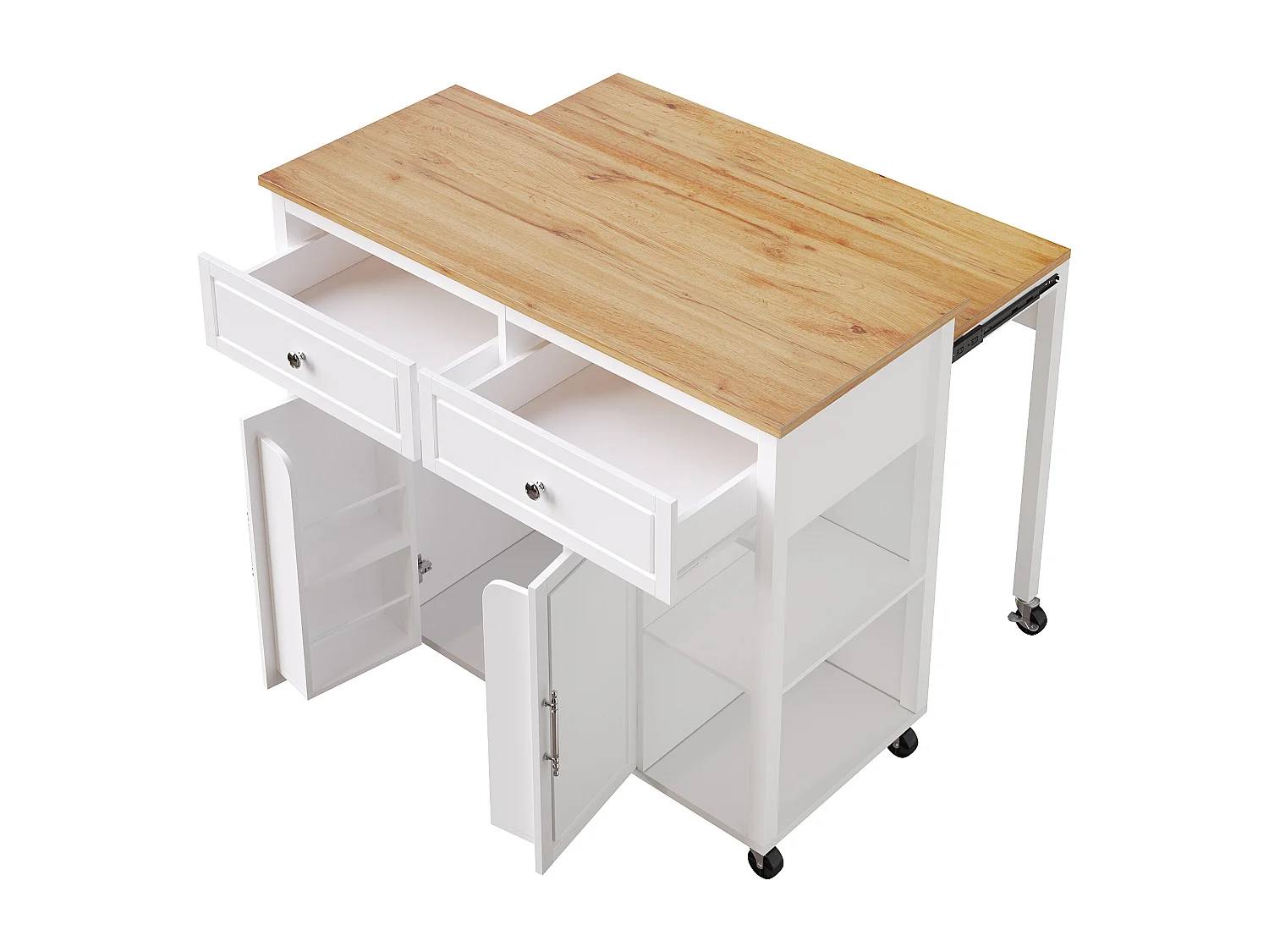 Ilot central de cuisine - avec roulettes - table à manger extensible - 2 portes et 2 tiroirs - étagères ouvertes - MDF - Blanc