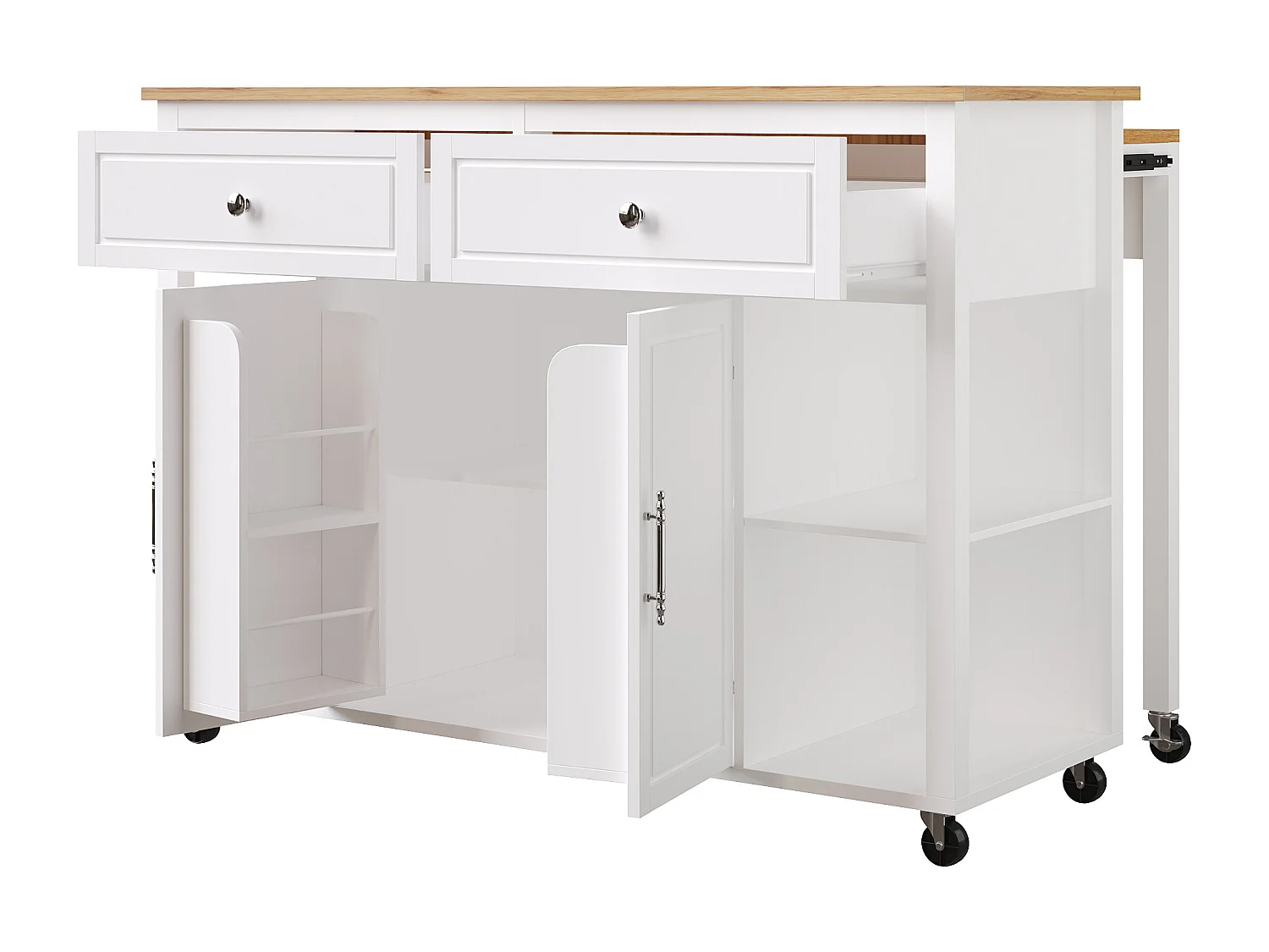 Ilot central de cuisine - avec roulettes - table à manger extensible - 2 portes et 2 tiroirs - étagères ouvertes - MDF - Blanc