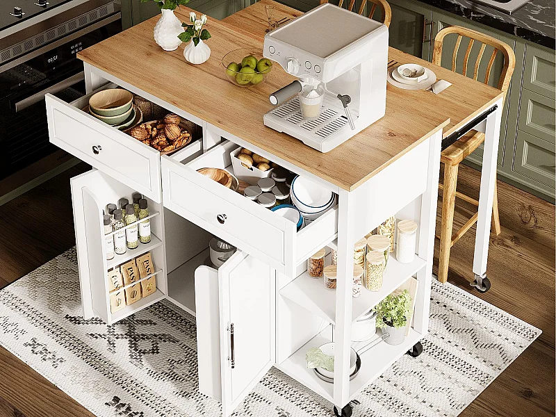 Isla de cocina con ruedas - Mesa comedor extensible - 2 puertas y 2 cajones - Estantes abiertos - MDF - Blanco