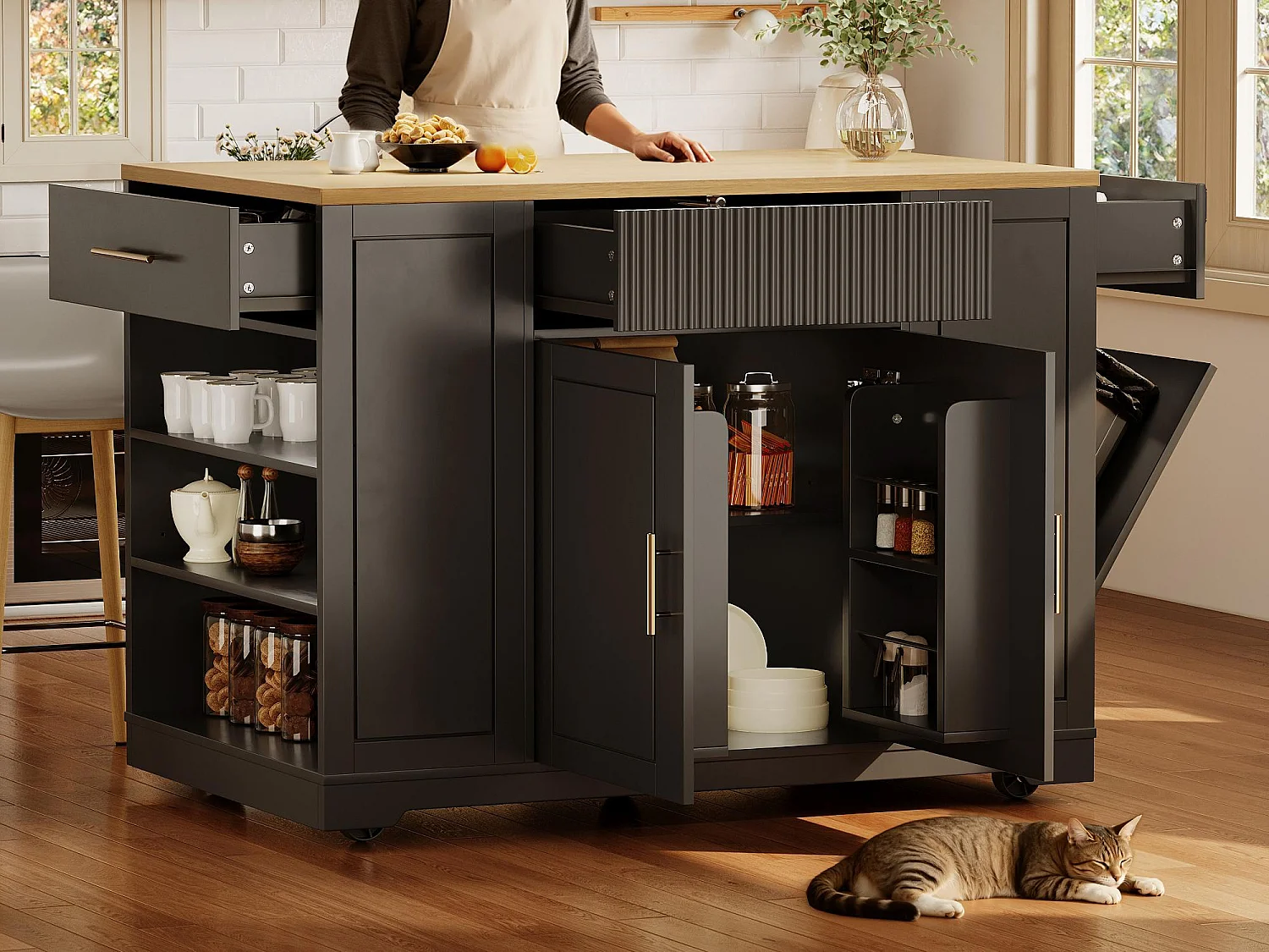 Ilot central de cuisine mobile - 3 portes et 2 tiroirs - étagères ouvertes - avec compartiment poubelle - MDF - Noir