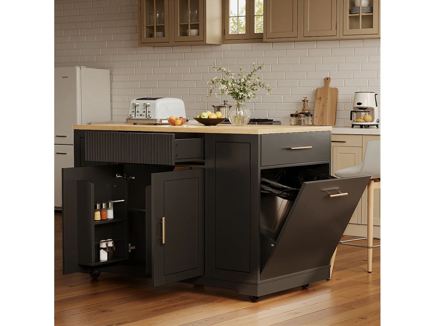 Ilot central de cuisine mobile - 3 portes et 2 tiroirs - étagères ouvertes - avec compartiment poubelle - MDF - Noir