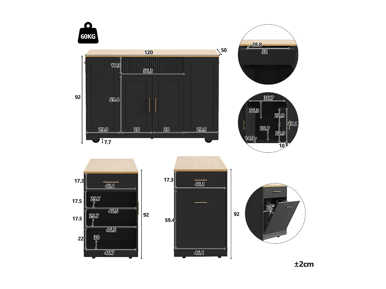Ilot central de cuisine mobile - 3 portes et 2 tiroirs - étagères ouvertes - avec compartiment poubelle - MDF - Noir