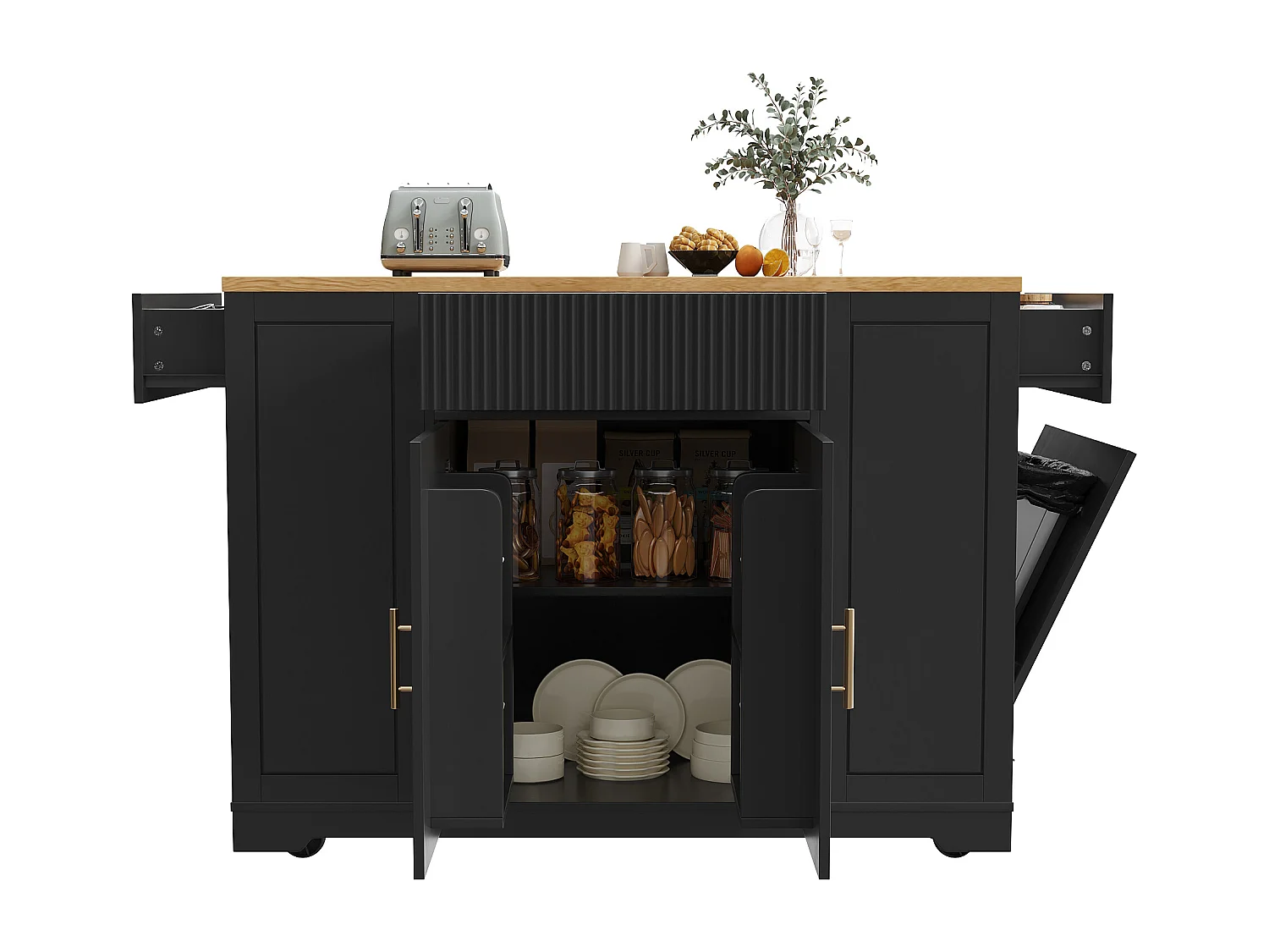 Ilot central de cuisine mobile - 3 portes et 2 tiroirs - étagères ouvertes - avec compartiment poubelle - MDF - Noir