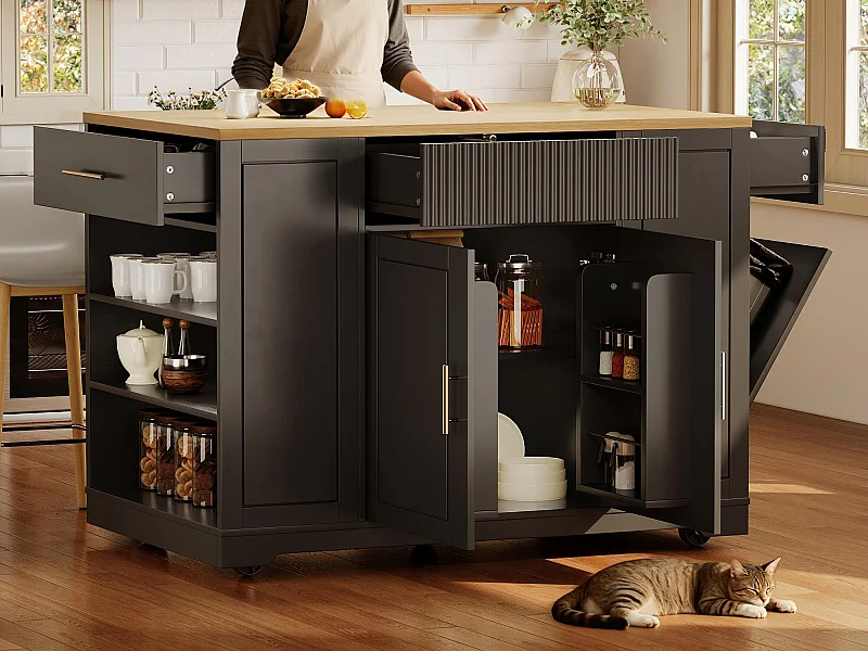 Ilot central de cuisine mobile - 3 portes et 2 tiroirs - étagères ouvertes - avec compartiment poubelle - MDF - Noir