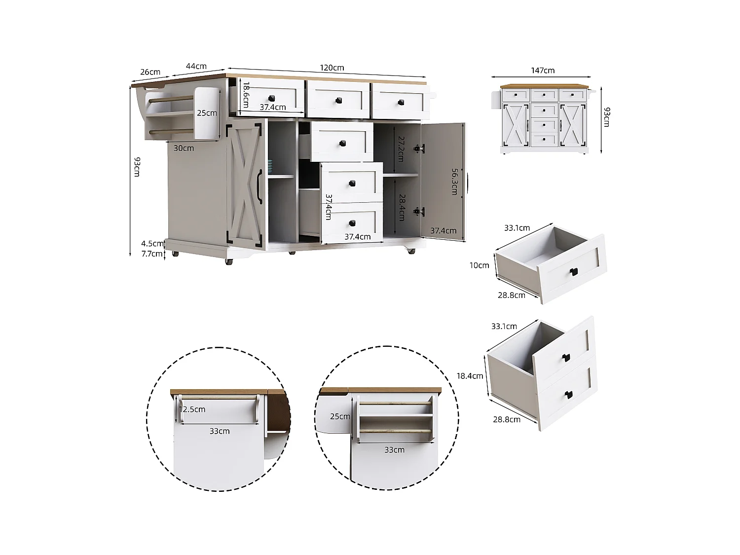 Ilot central de cuisine mobile - Plateau extensible - 2 portes et 5 tiroirs - étagères ouvertes - avec porte-serviettes - MDF - Blanc