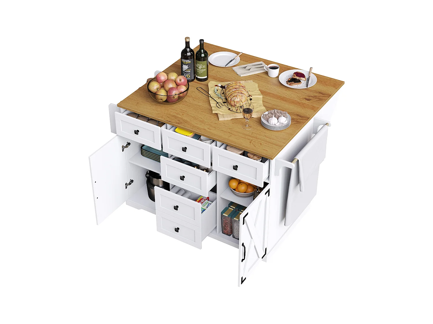 Ilot central de cuisine mobile - Plateau extensible - 2 portes et 5 tiroirs - étagères ouvertes - avec porte-serviettes - MDF - Blanc