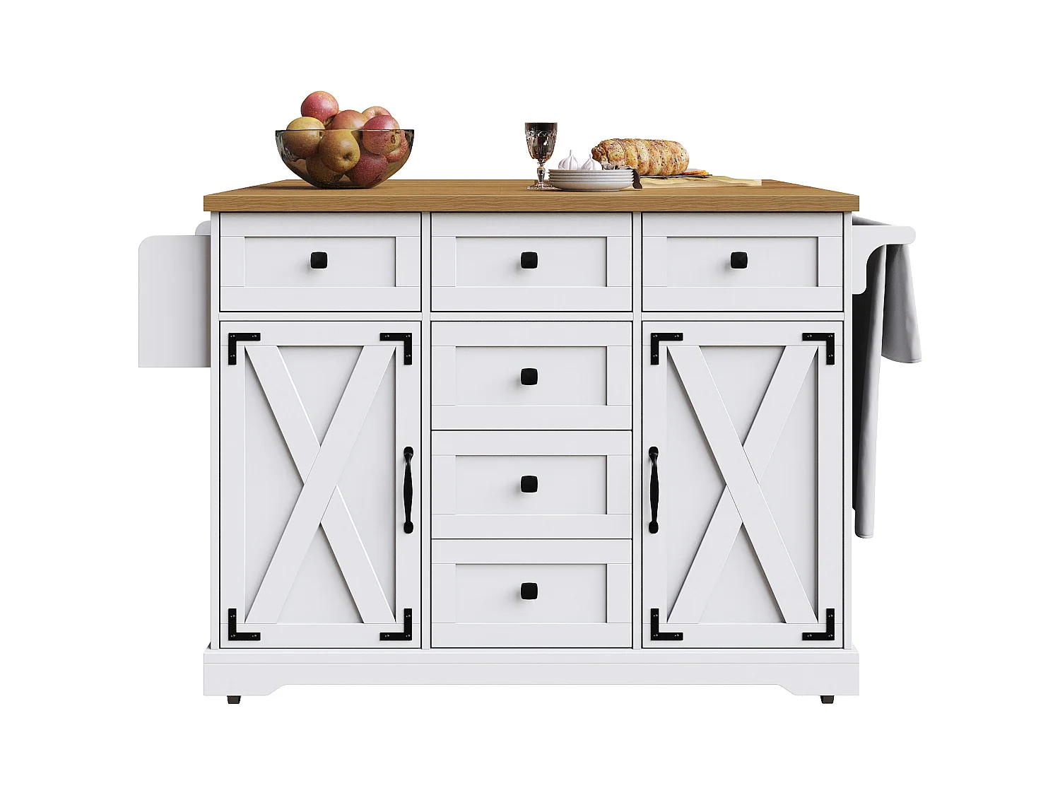 Ilot central de cuisine mobile - Plateau extensible - 2 portes et 5 tiroirs - étagères ouvertes - avec porte-serviettes - MDF - Blanc