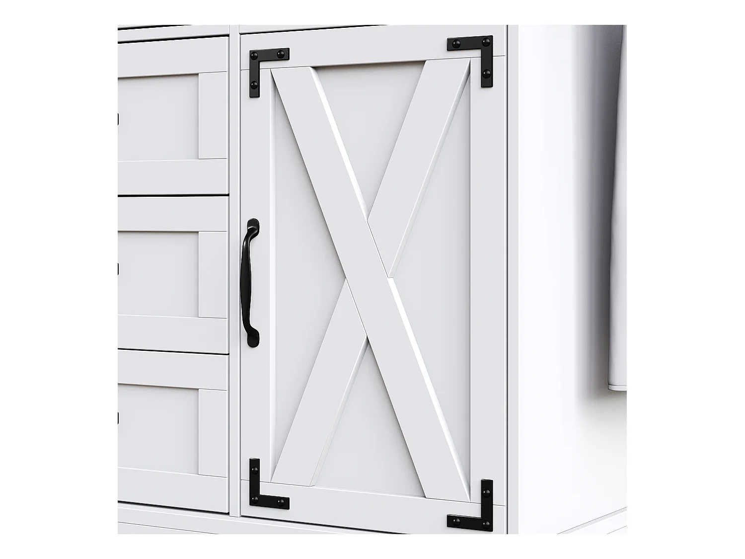 Ilot central de cuisine mobile - Plateau extensible - 2 portes et 5 tiroirs - étagères ouvertes - avec porte-serviettes - MDF - Blanc