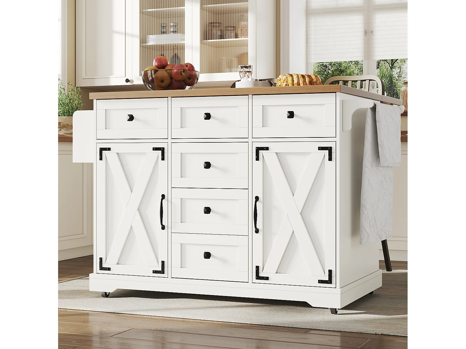 Ilot central de cuisine mobile - Plateau extensible - 2 portes et 5 tiroirs - étagères ouvertes - avec porte-serviettes - MDF - Blanc