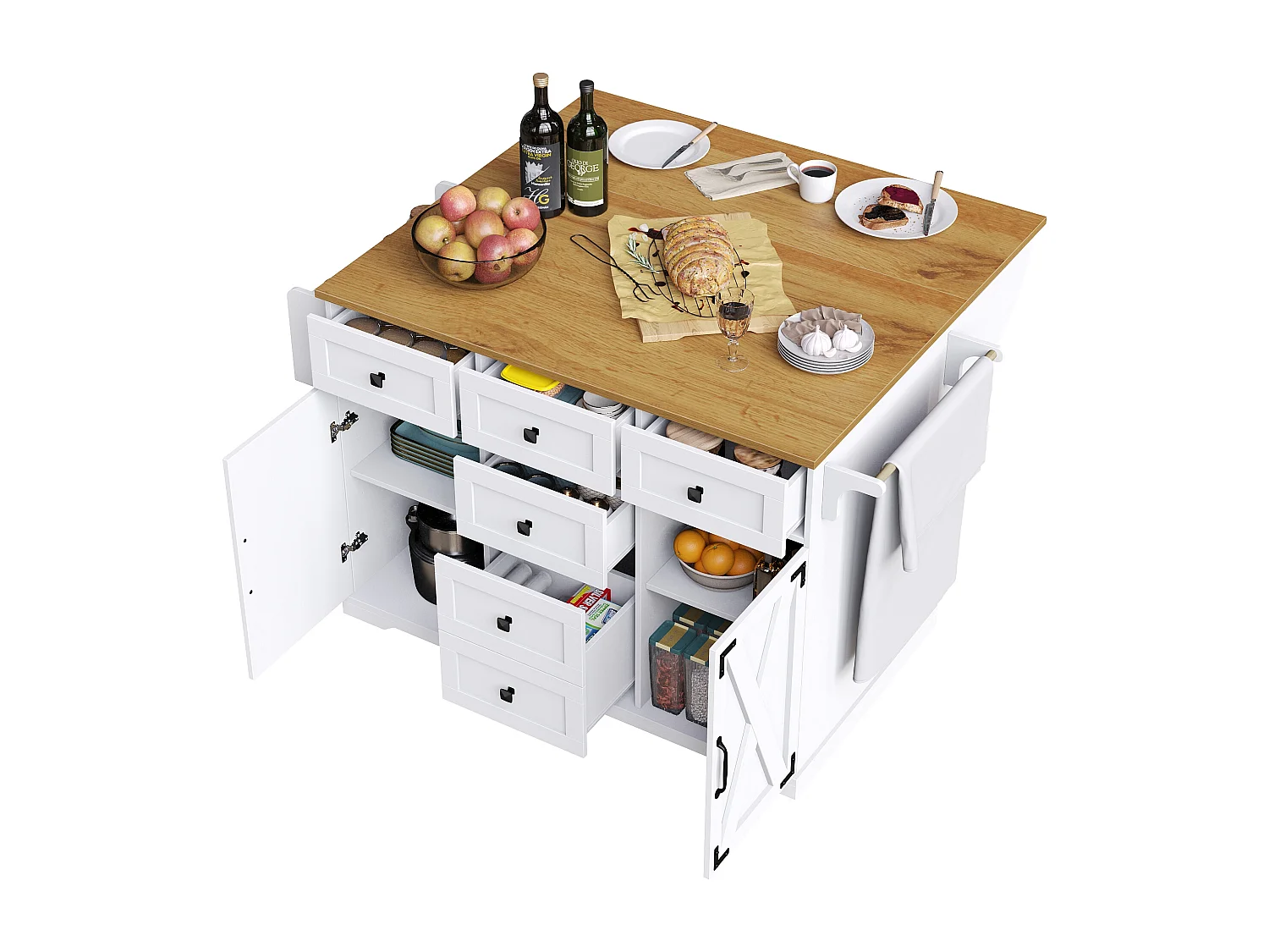 Ilot central de cuisine mobile - Plateau extensible - 2 portes et 5 tiroirs - étagères ouvertes - avec porte-serviettes - MDF - Blanc