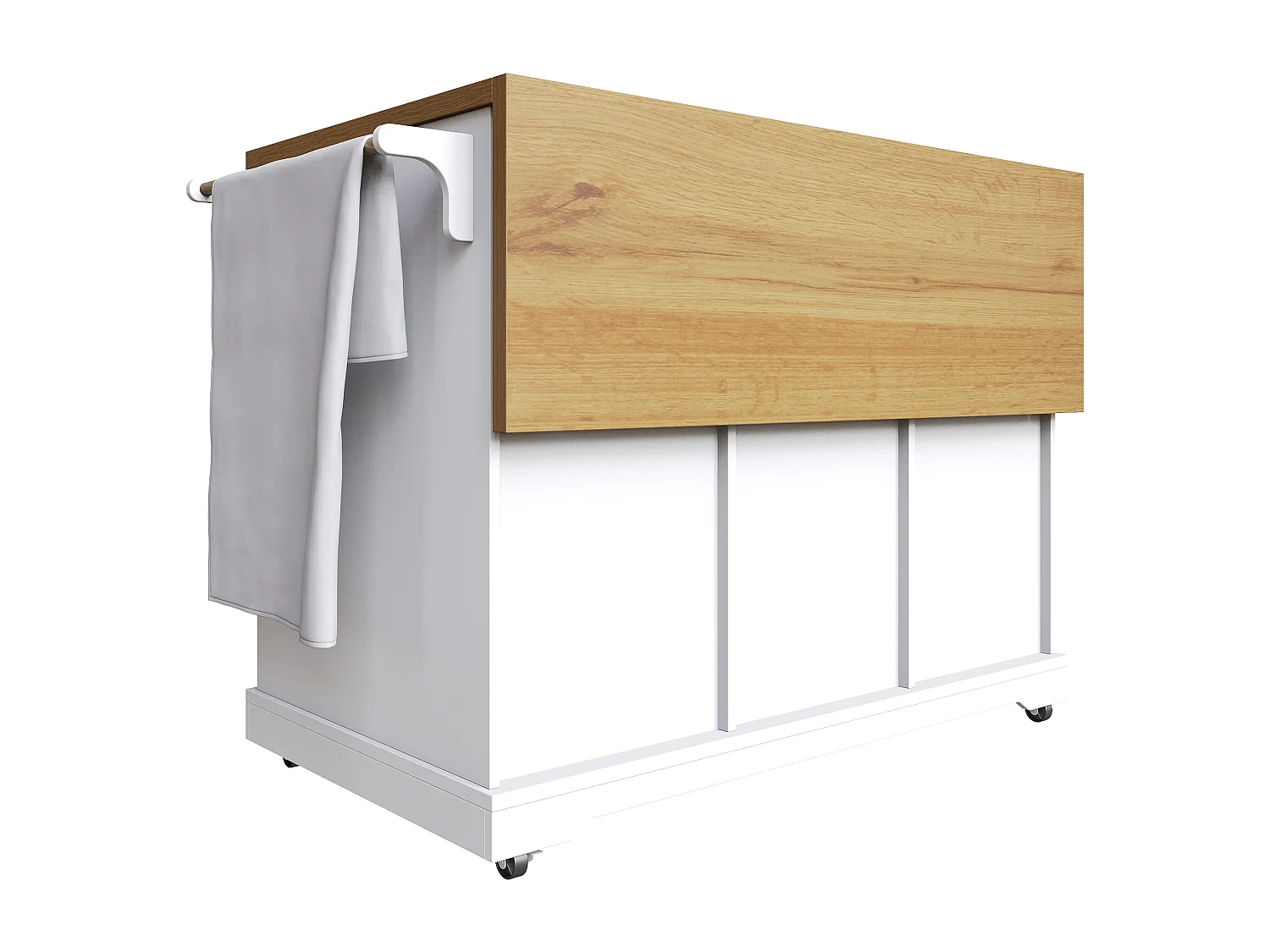 Ilot central de cuisine mobile - Plateau extensible - 2 portes et 5 tiroirs - étagères ouvertes - avec porte-serviettes - MDF - Blanc