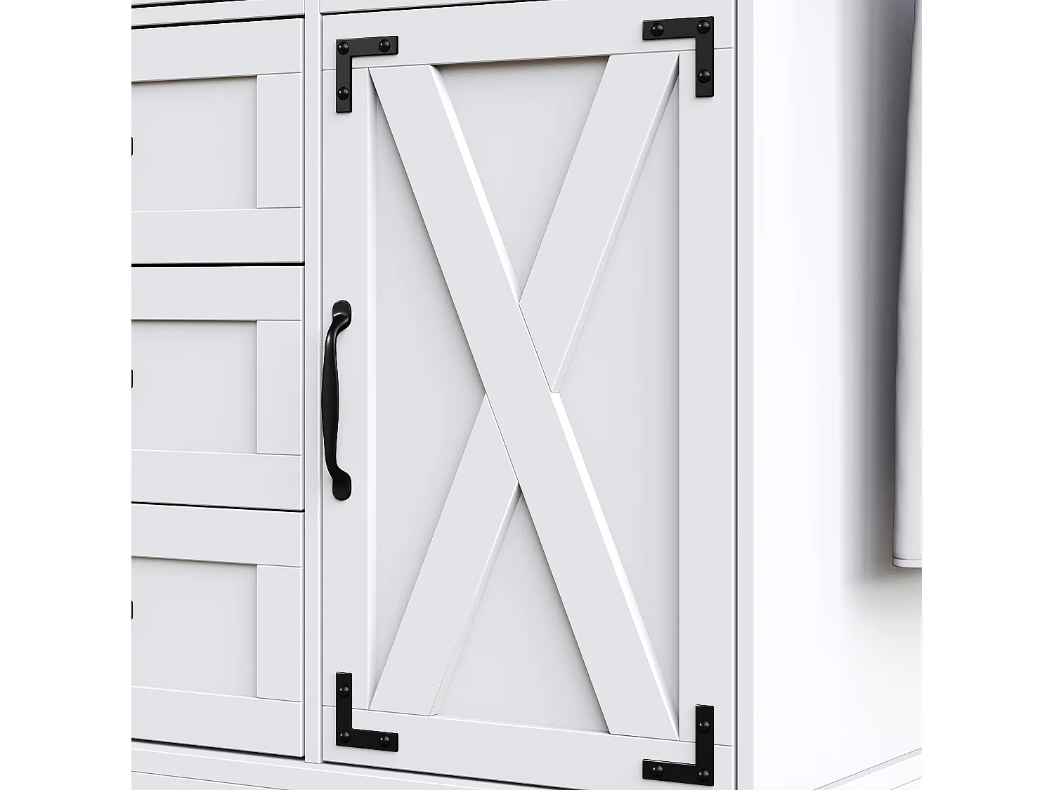 Ilot central de cuisine mobile - Plateau extensible - 2 portes et 5 tiroirs - étagères ouvertes - avec porte-serviettes - MDF - Blanc