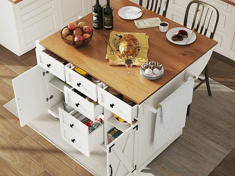 Isla de cocina móvil - Encimera extensible - 2 puertas y 5 cajones - Estantes abiertos - Con toallero - MDF - ​​Blanco​