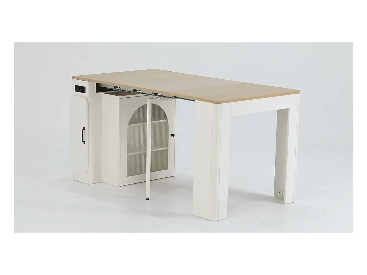 Ilot central de cuisine - avec USB et LED - avec table à manger amovible et extensible - texture du bois - avec 1 porte - naturel + blanc