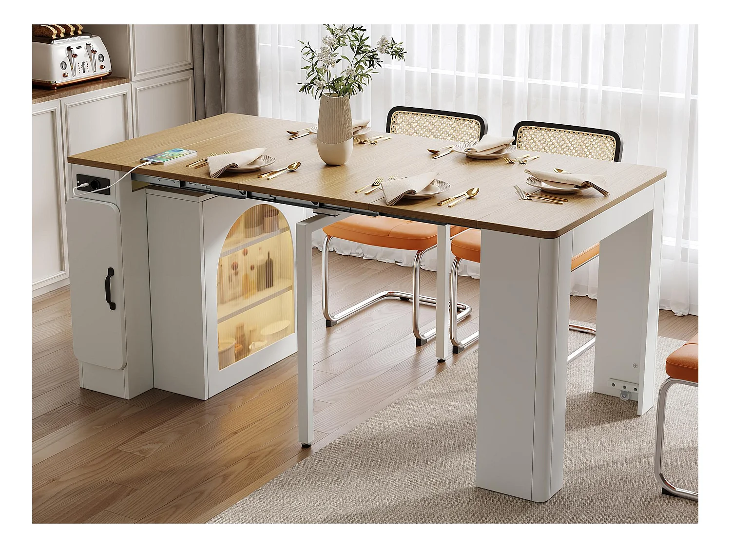 Ilot central de cuisine - avec USB et LED - avec table à manger amovible et extensible - texture du bois - avec 1 porte - naturel + blanc