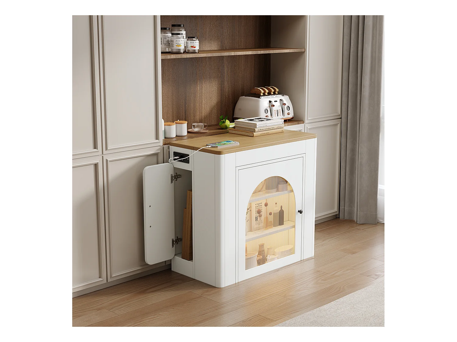 Ilot central de cuisine - avec USB et LED - avec table à manger amovible et extensible - texture du bois - avec 1 porte - naturel + blanc