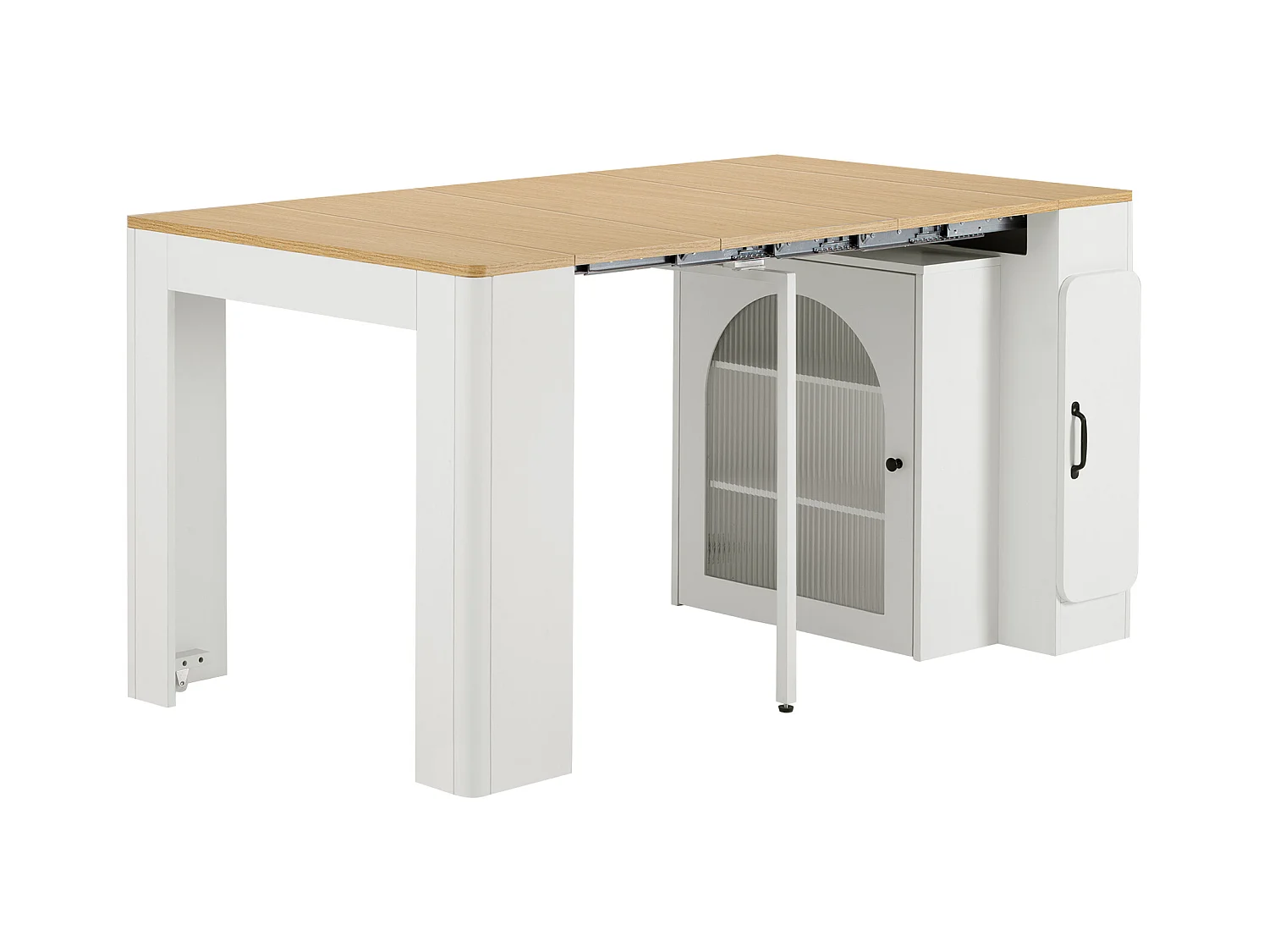 Ilot central de cuisine - avec USB et LED - avec table à manger amovible et extensible - texture du bois - avec 1 porte - naturel + blanc