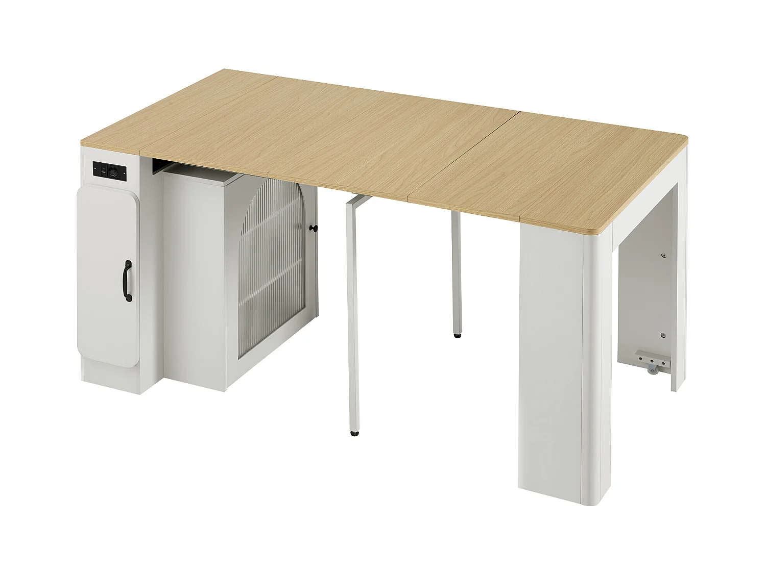 Ilot central de cuisine - avec USB et LED - avec table à manger amovible et extensible - texture du bois - avec 1 porte - naturel + blanc