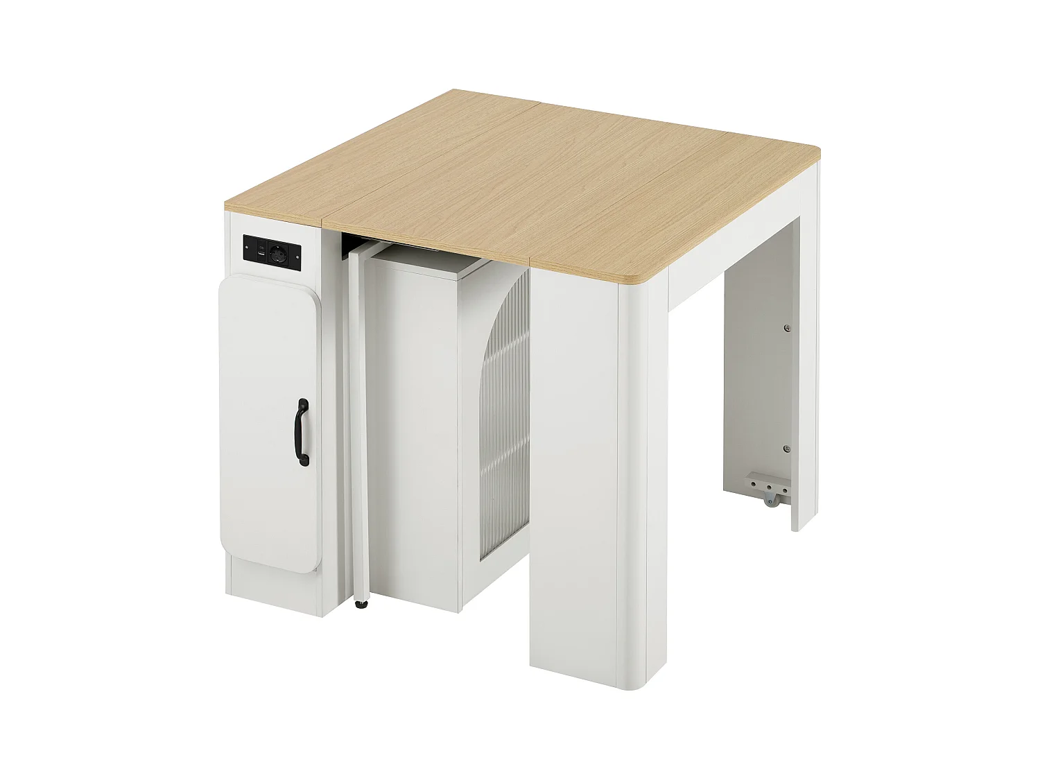 Ilot central de cuisine - avec USB et LED - avec table à manger amovible et extensible - texture du bois - avec 1 porte - naturel + blanc