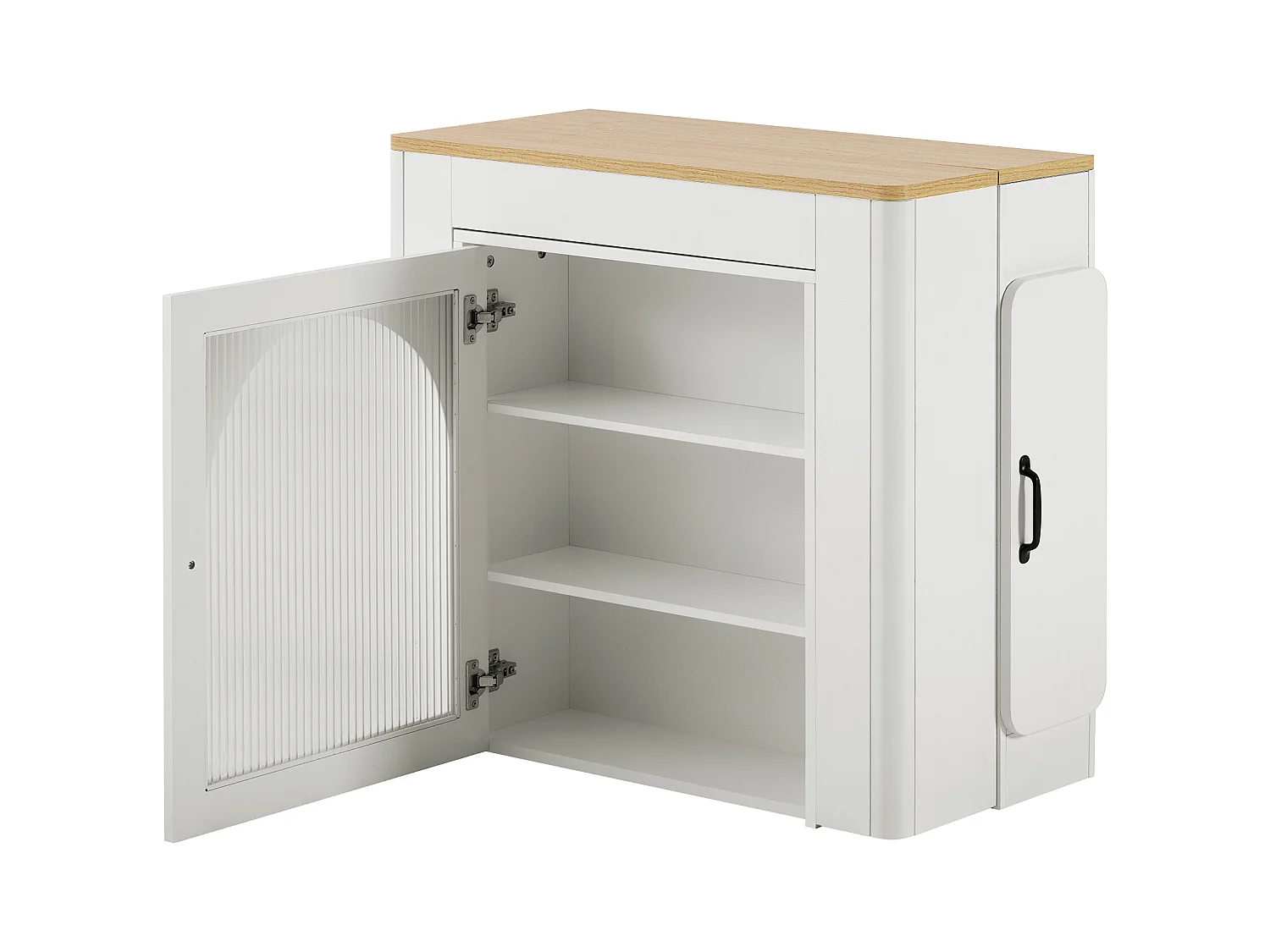 Ilot central de cuisine - avec USB et LED - avec table à manger amovible et extensible - texture du bois - avec 1 porte - naturel + blanc