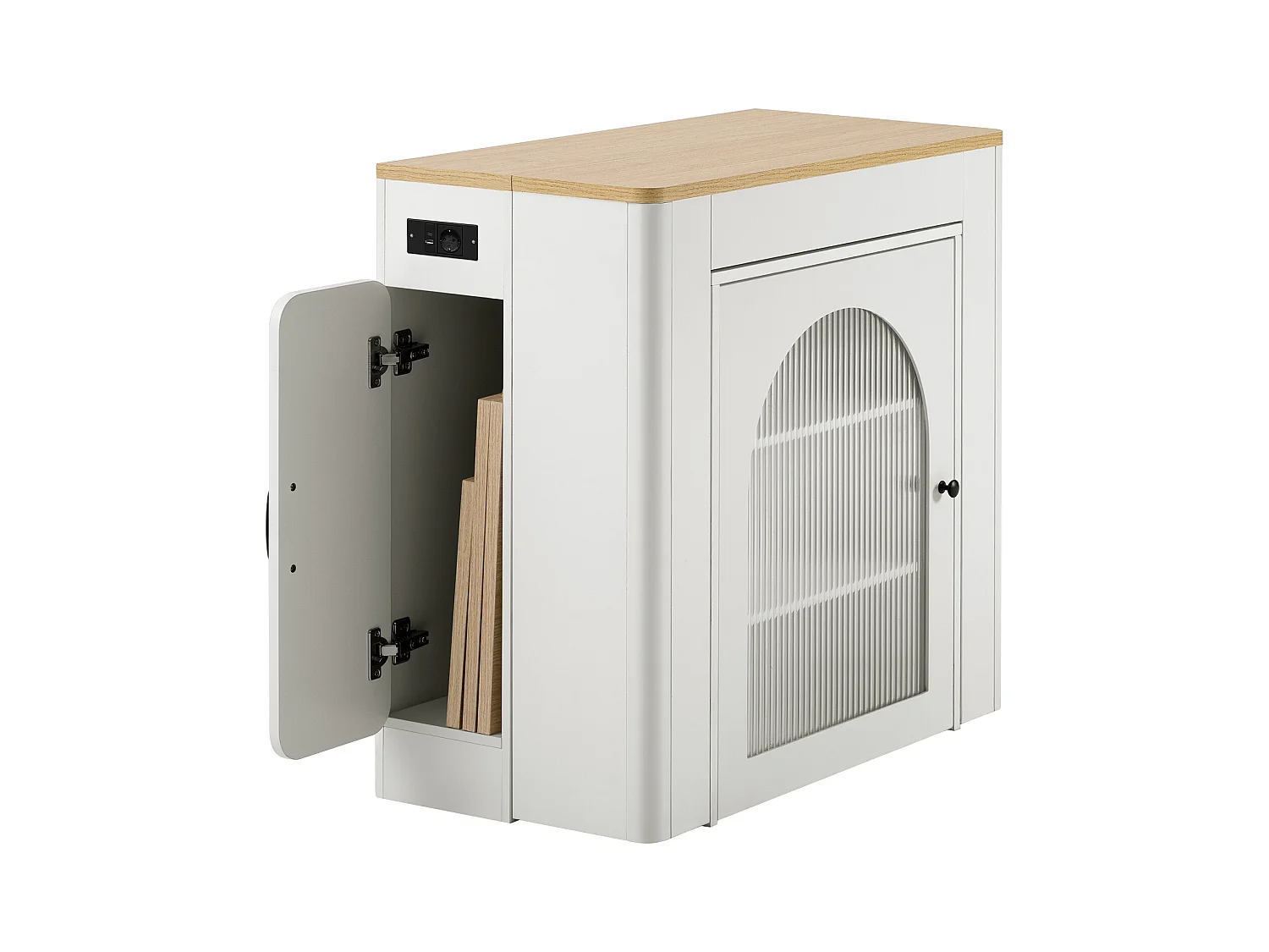 Ilot central de cuisine - avec USB et LED - avec table à manger amovible et extensible - texture du bois - avec 1 porte - naturel + blanc