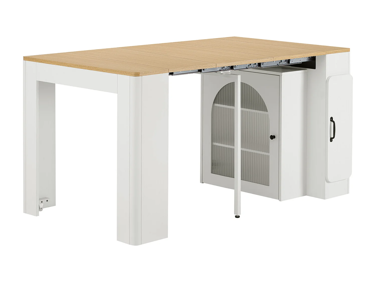 Kücheninsel - mit USB und LED - mit abnehmbarem und ausziehbarem Esstisch - Holzstruktur - mit 1 Tür - natur + weiß