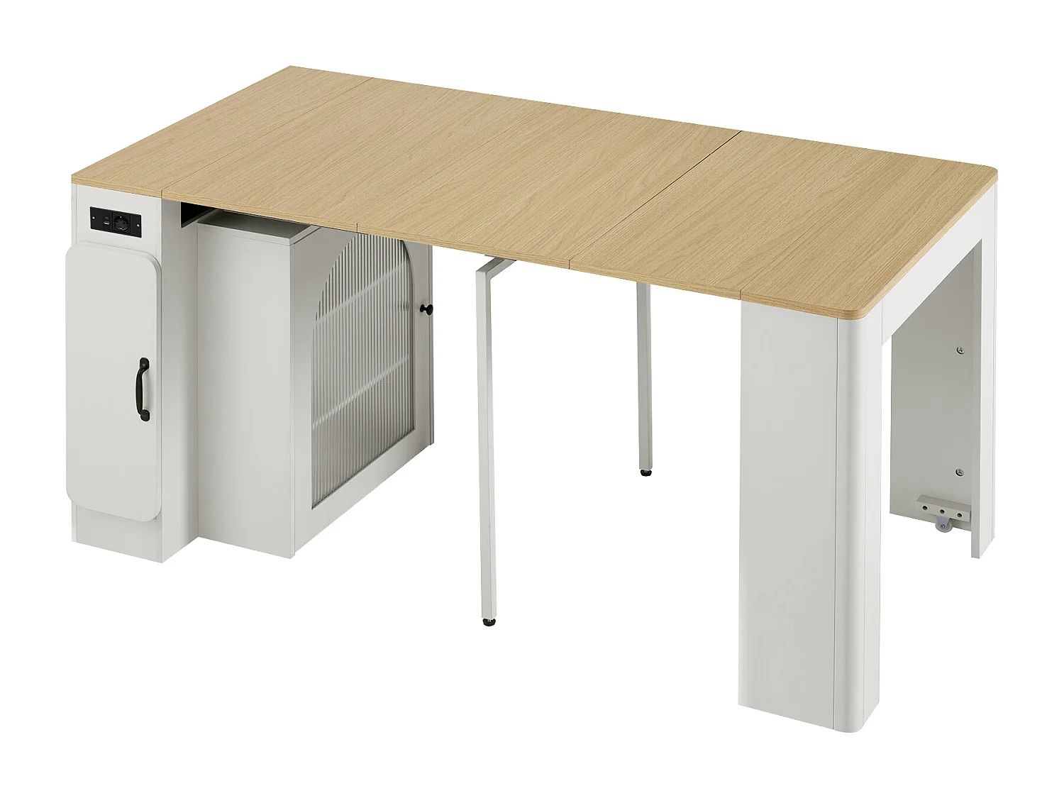 Kücheninsel - mit USB und LED - mit abnehmbarem und ausziehbarem Esstisch - Holzstruktur - mit 1 Tür - natur + weiß