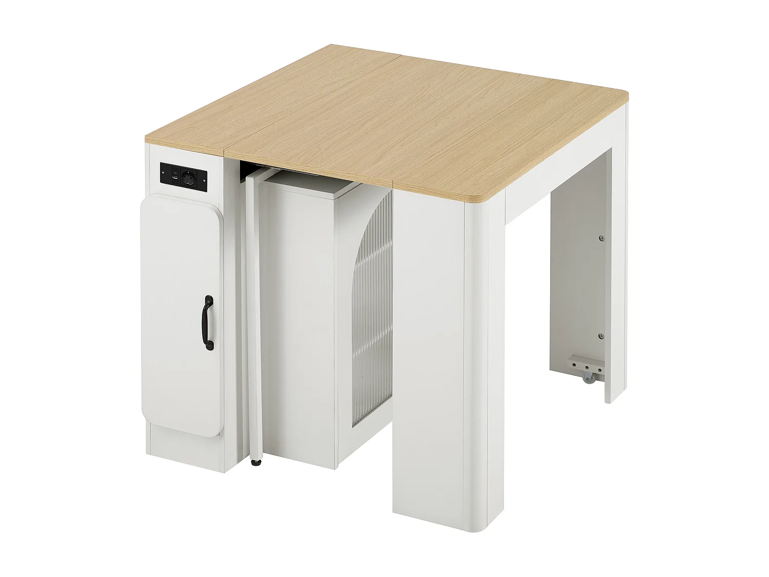 Kücheninsel - mit USB und LED - mit abnehmbarem und ausziehbarem Esstisch - Holzstruktur - mit 1 Tür - natur + weiß