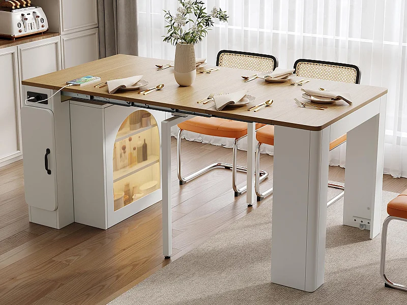 Keukeneiland - met USB en LED - met afneembare en uitschuifbare eettafel - houttextuur - met 1 deur - natuur + wit