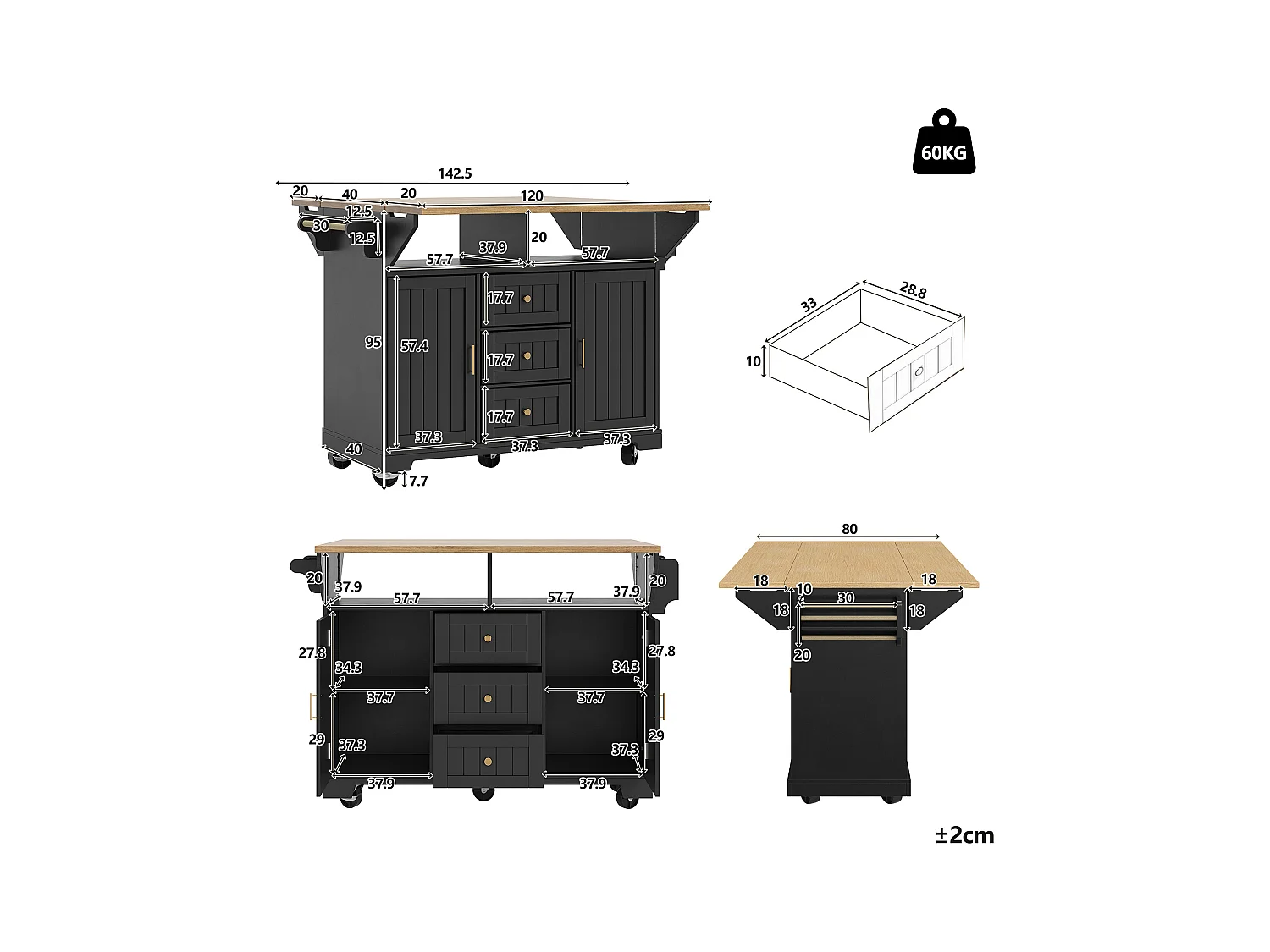 Mobile Kücheninsel - Ausziehbare Arbeitsplatte - 2 Türen und 3 Schubladen - Offene Ablagefächer - Mit Handtuchhalter - MDF - Schwarz