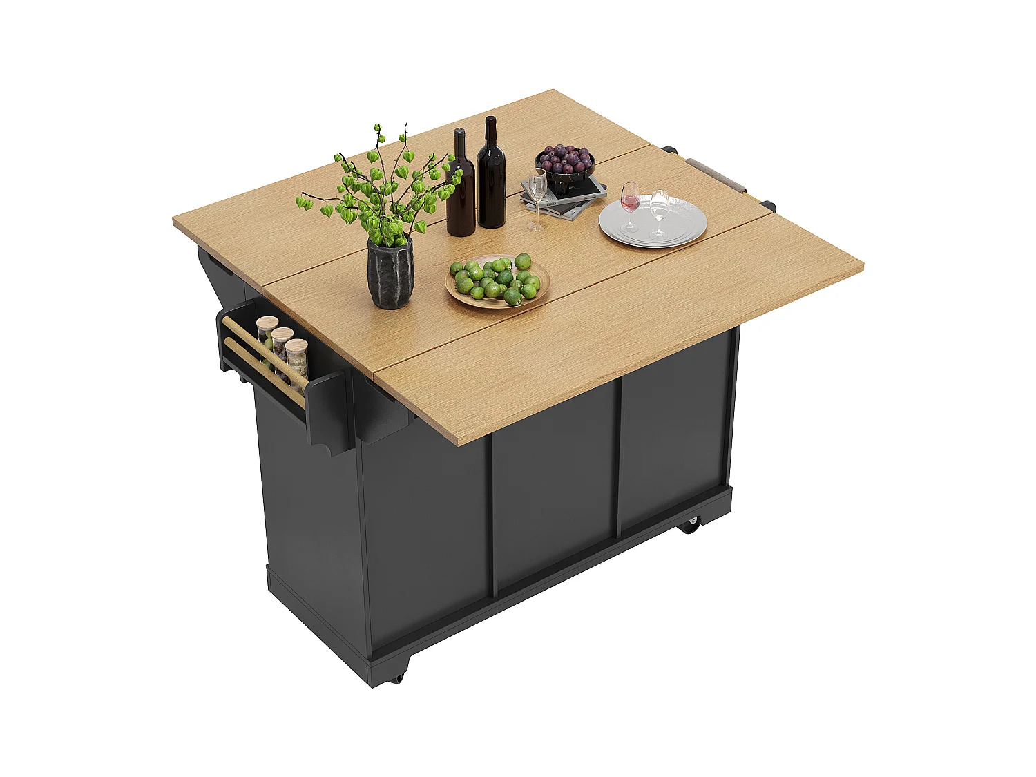 Mobile Kücheninsel - Ausziehbare Arbeitsplatte - 2 Türen und 3 Schubladen - Offene Ablagefächer - Mit Handtuchhalter - MDF - Schwarz