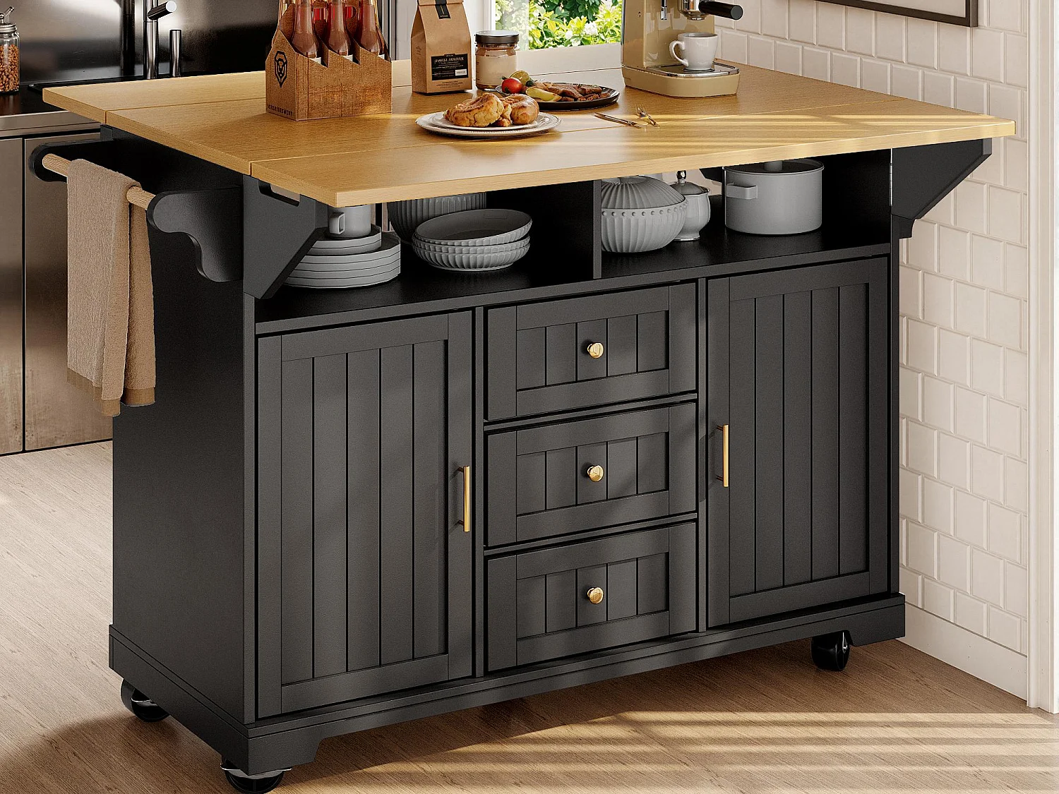 Mobiel keukeneiland - ​​Uitschuifbaar werkblad​​ - 2 deuren en 3 lades - Open planken - ​​Met handdoekenrek​​ - MDF - Zwart