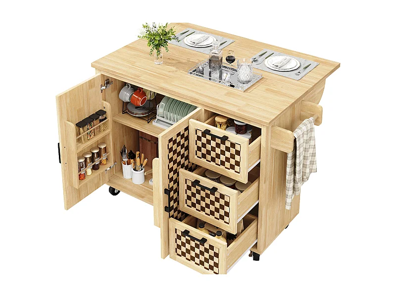 Ilot central de cuisine mobile - Plateau extensible - 120x45x92cm - 2 portes - avec porte-serviettes - MDF - décoration en treillis - Naturel