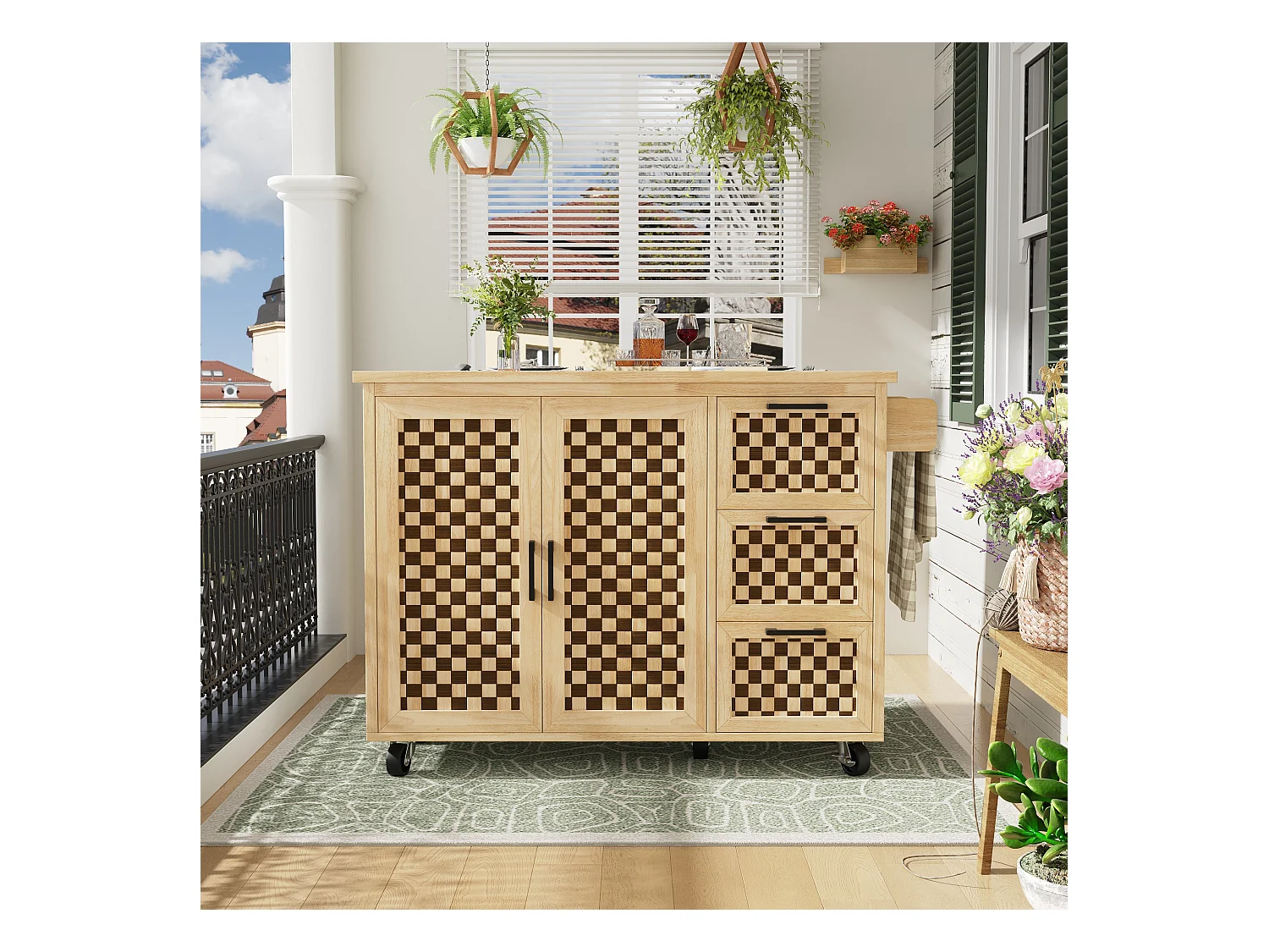 Ilot central de cuisine mobile - Plateau extensible - 120x45x92cm - 2 portes - avec porte-serviettes - MDF - décoration en treillis - Naturel