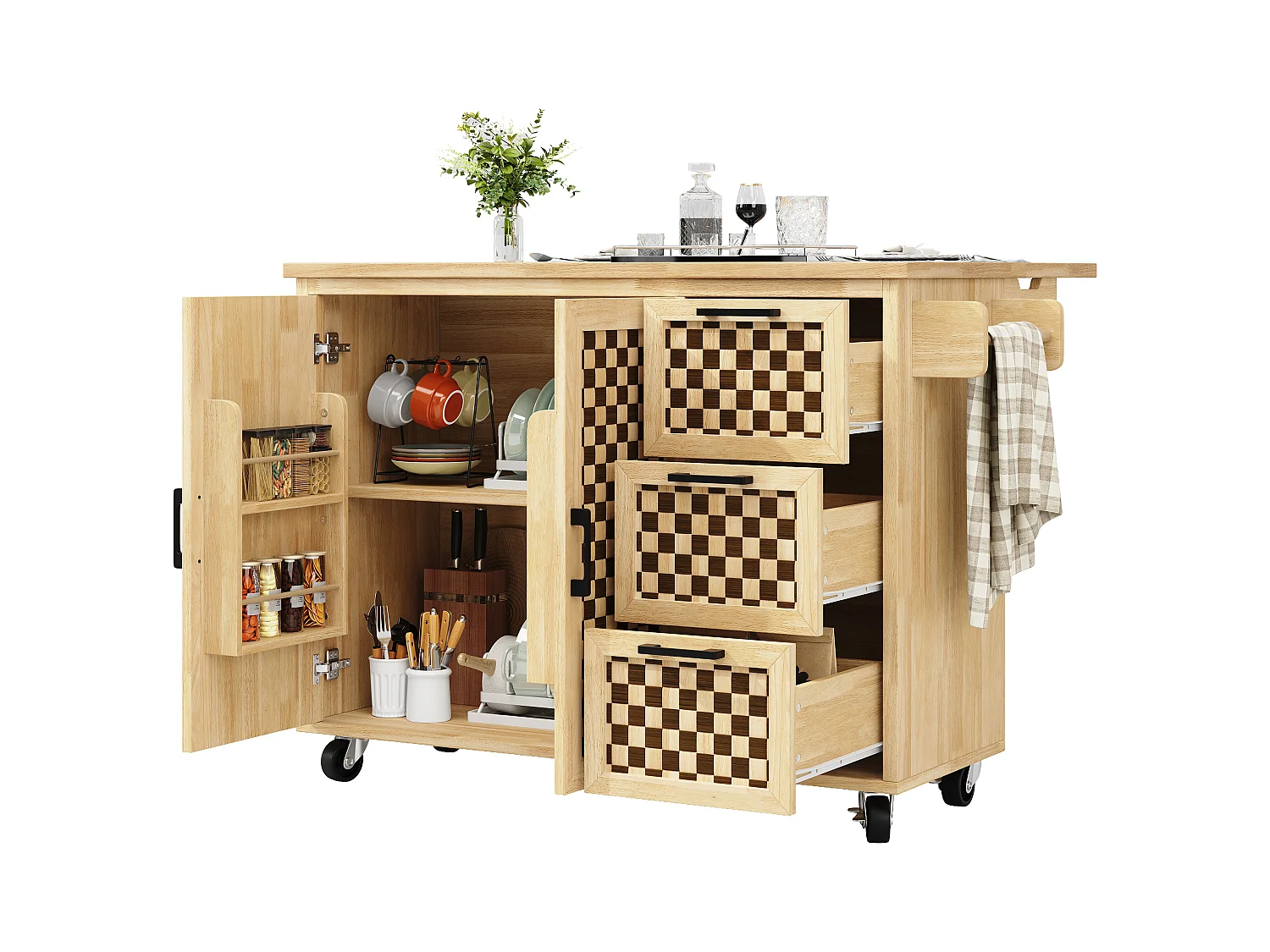 Ilot central de cuisine mobile - Plateau extensible - 120x45x92cm - 2 portes - avec porte-serviettes - MDF - décoration en treillis - Naturel