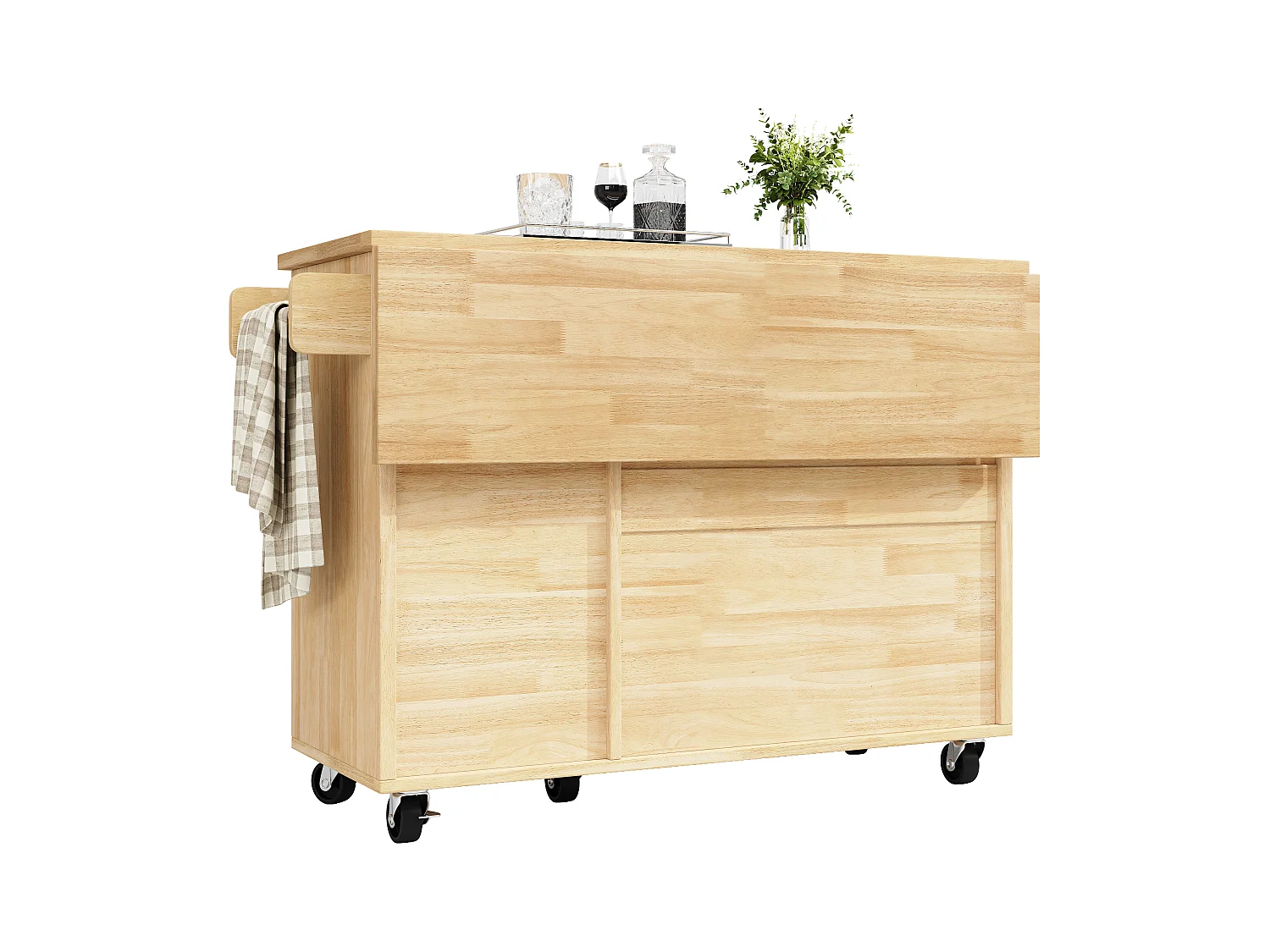 Ilot central de cuisine mobile - Plateau extensible - 120x45x92cm - 2 portes - avec porte-serviettes - MDF - décoration en treillis - Naturel