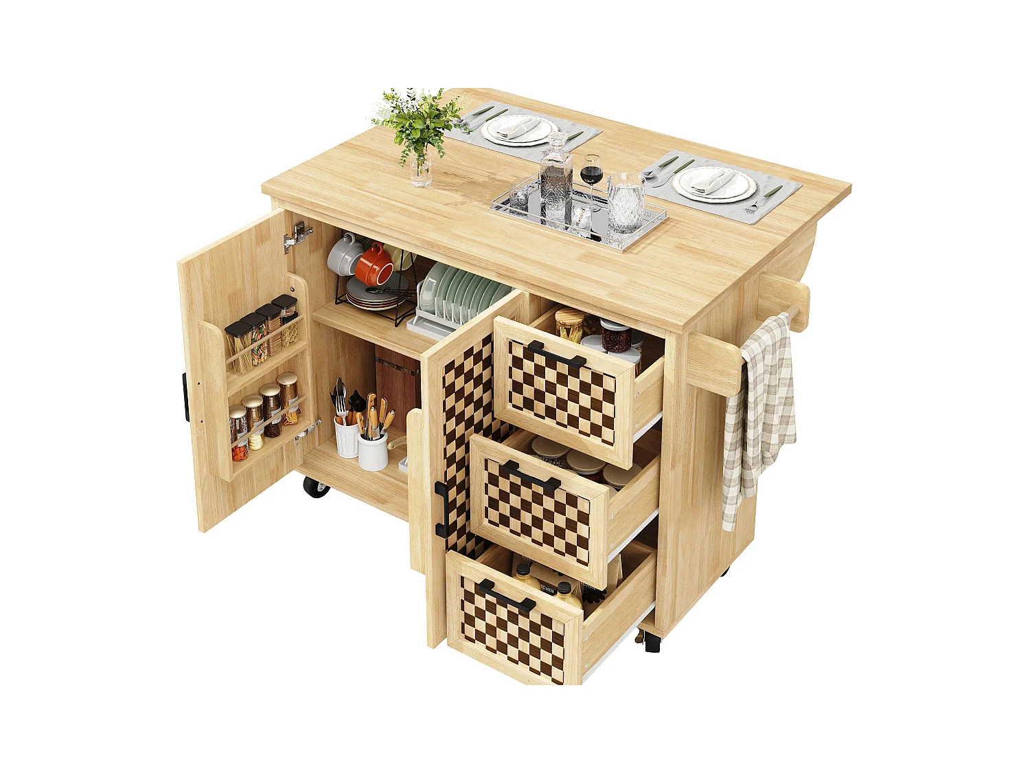 Ilot central de cuisine mobile - Plateau extensible - 120x45x92cm - 2 portes - avec porte-serviettes - MDF - décoration en treillis - Naturel