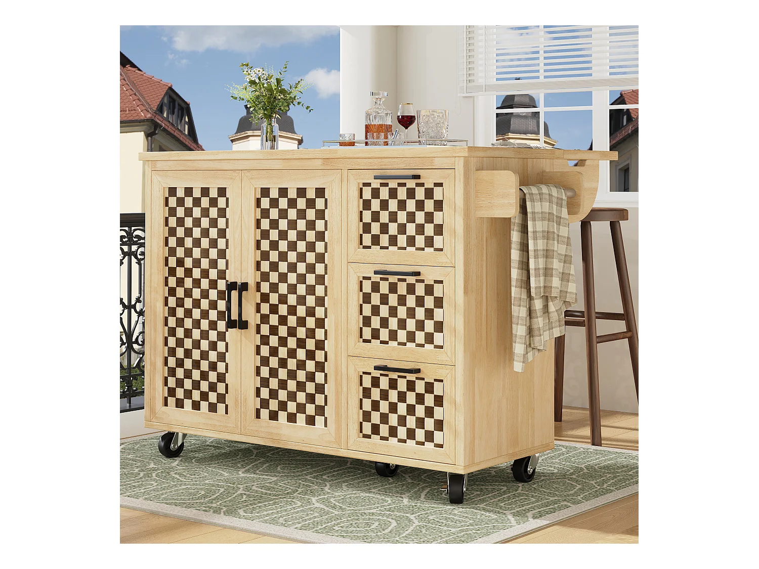 Ilot central de cuisine mobile - Plateau extensible - 120x45x92cm - 2 portes - avec porte-serviettes - MDF - décoration en treillis - Naturel