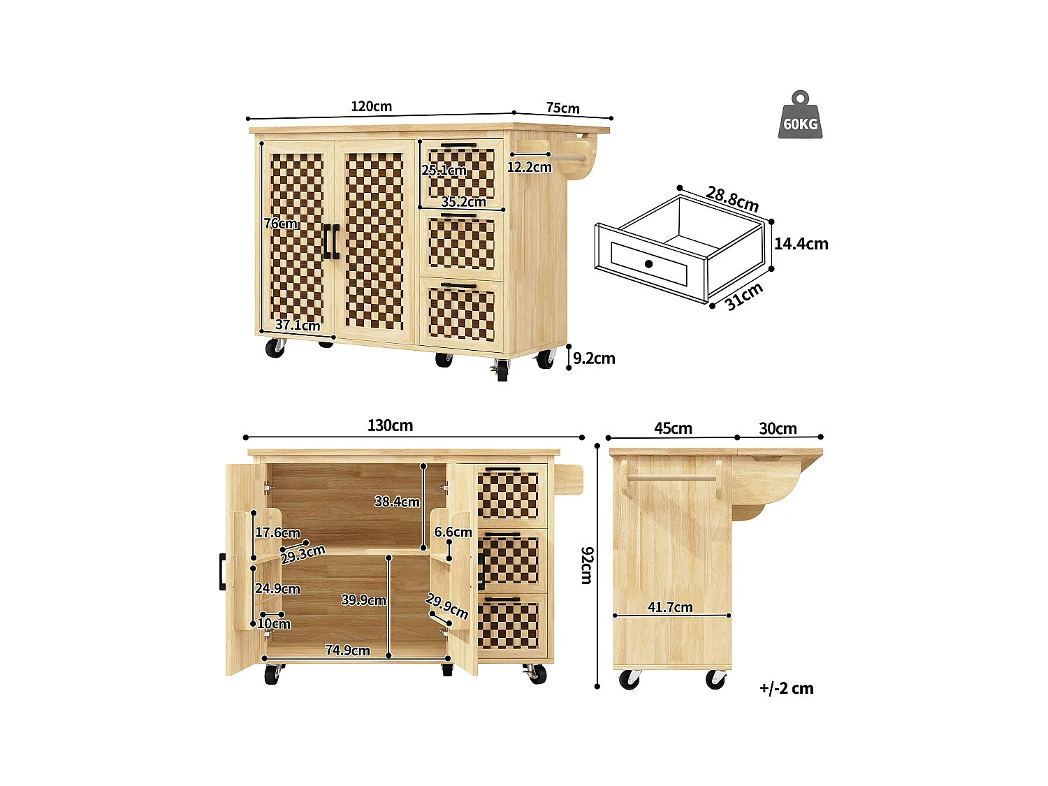Ilot central de cuisine mobile - Plateau extensible - 120x45x92cm - 2 portes - avec porte-serviettes - MDF - décoration en treillis - Naturel